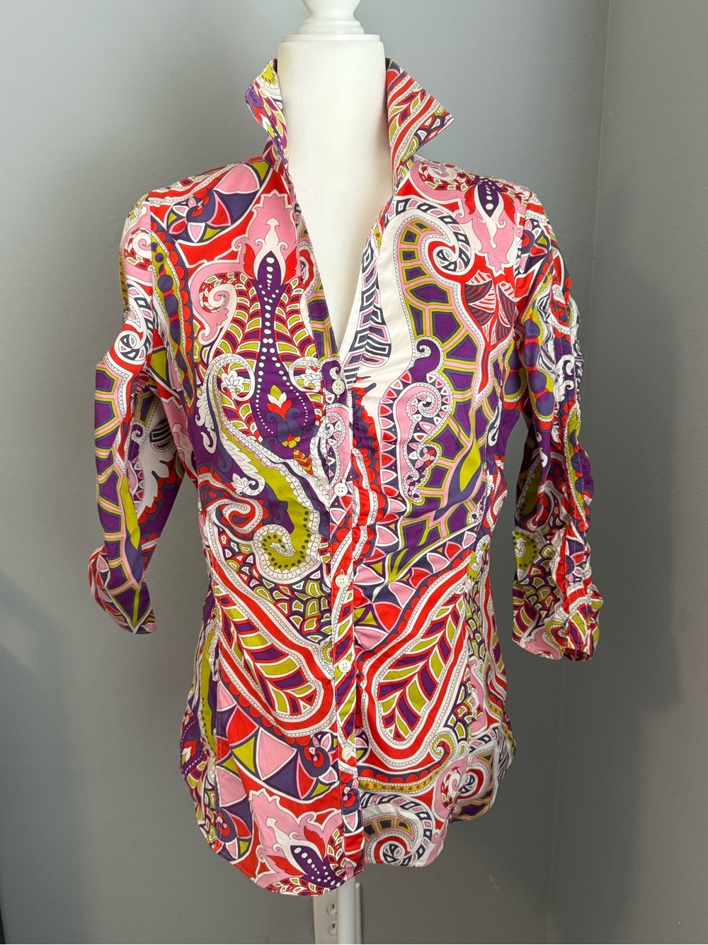LAFAYETTE 148 New York Bright Paisley Button Shirt Pink, Red, Purple Blouse Top - Picture 3 of 16